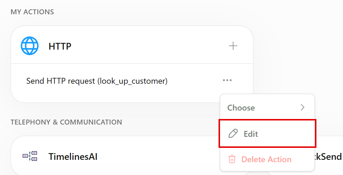 My Actions with the Choose, Edit and Delete Action menu of a saved HTTP action
