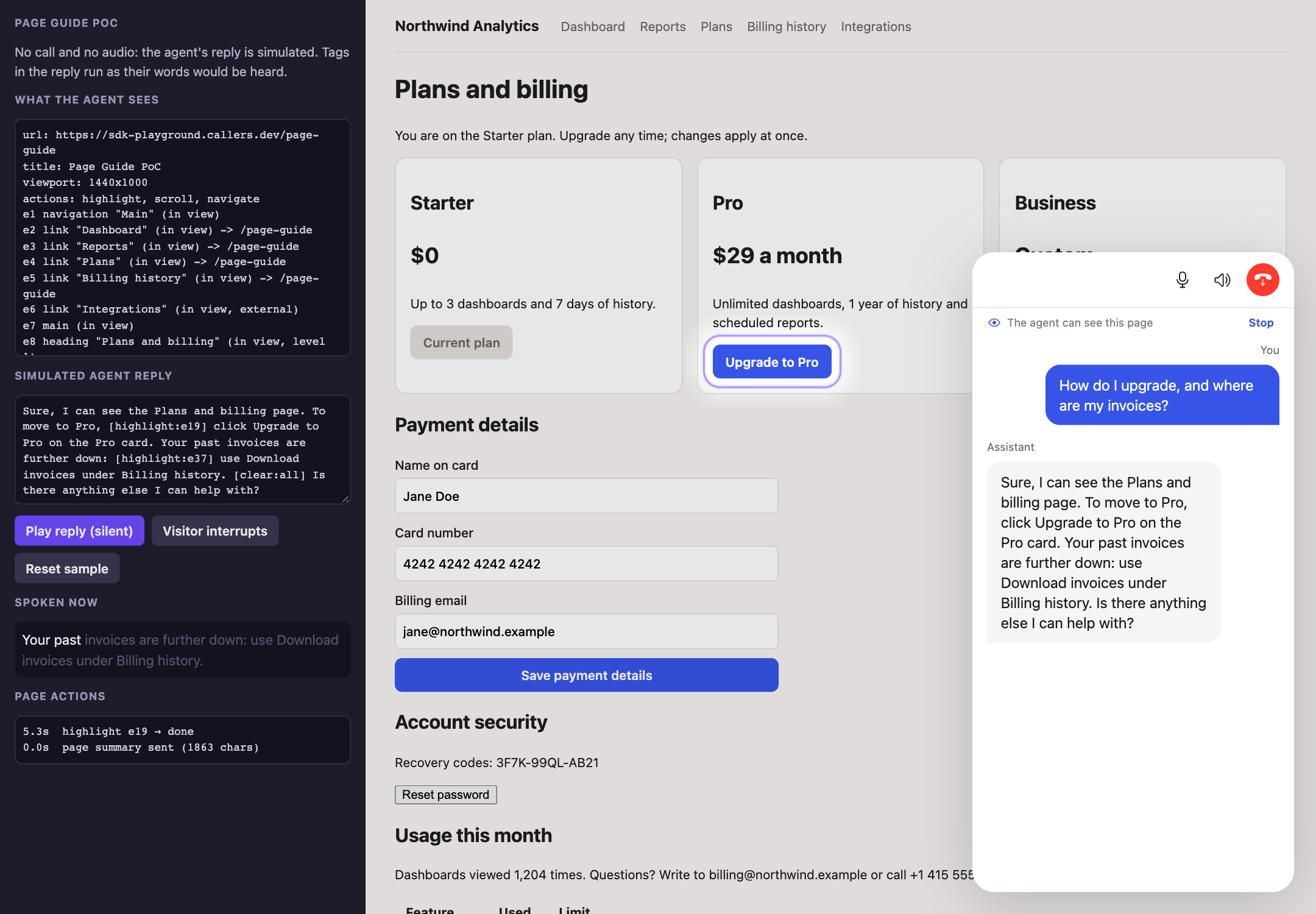 A pricing page with the Upgrade to Pro button marked by a soft Page Guide ring and the Callers call window open on the right