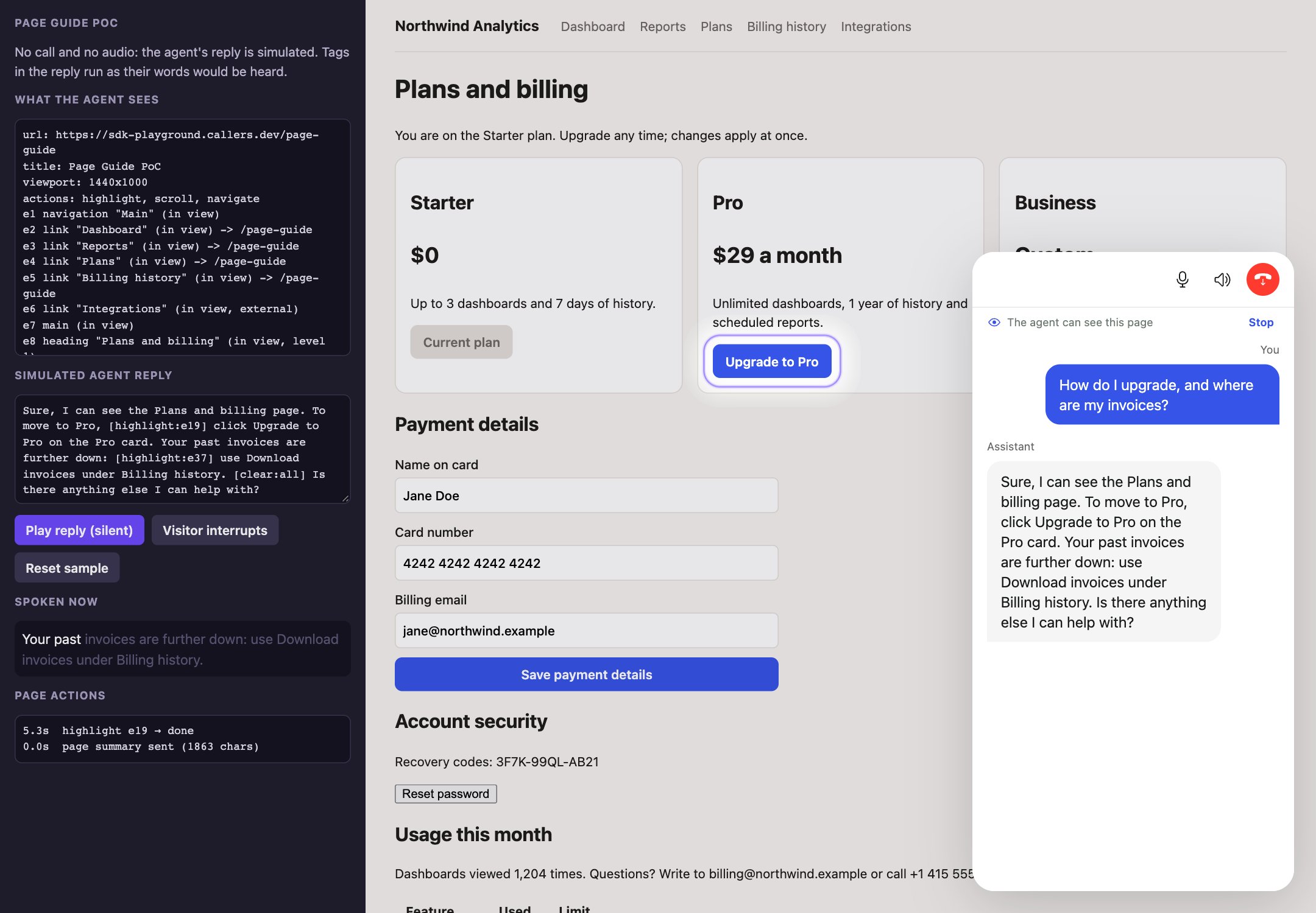 A pricing page with the Upgrade to Pro button marked by a soft Page Guide ring and the Callers call window open on the right
