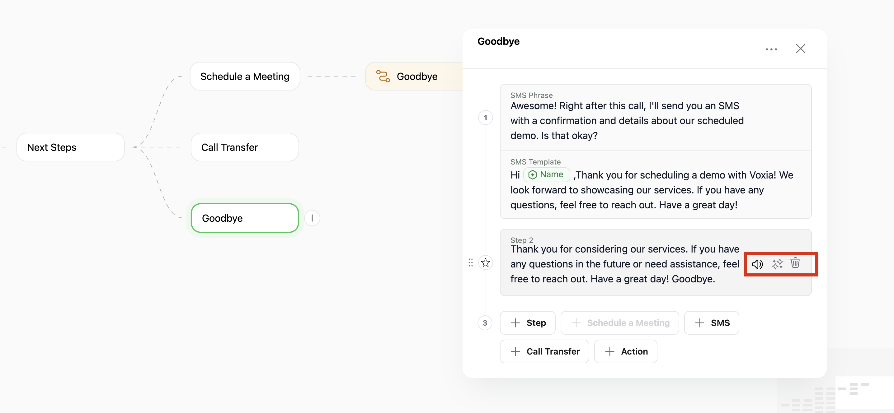 You can play, rephrase and Delete each step