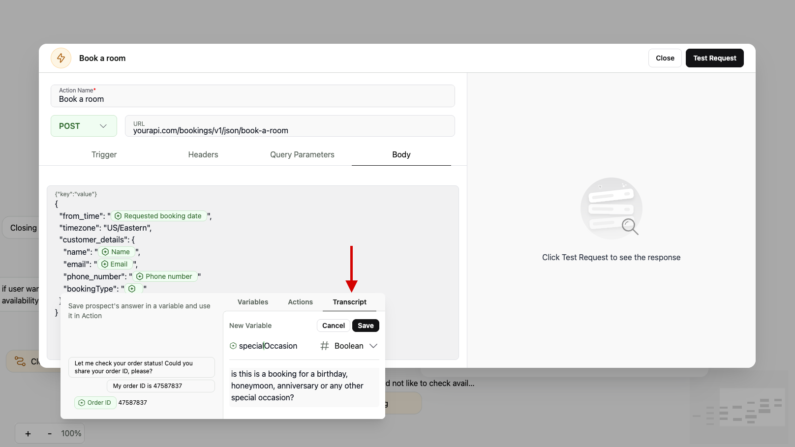 Adding a transcript Variable on an Action