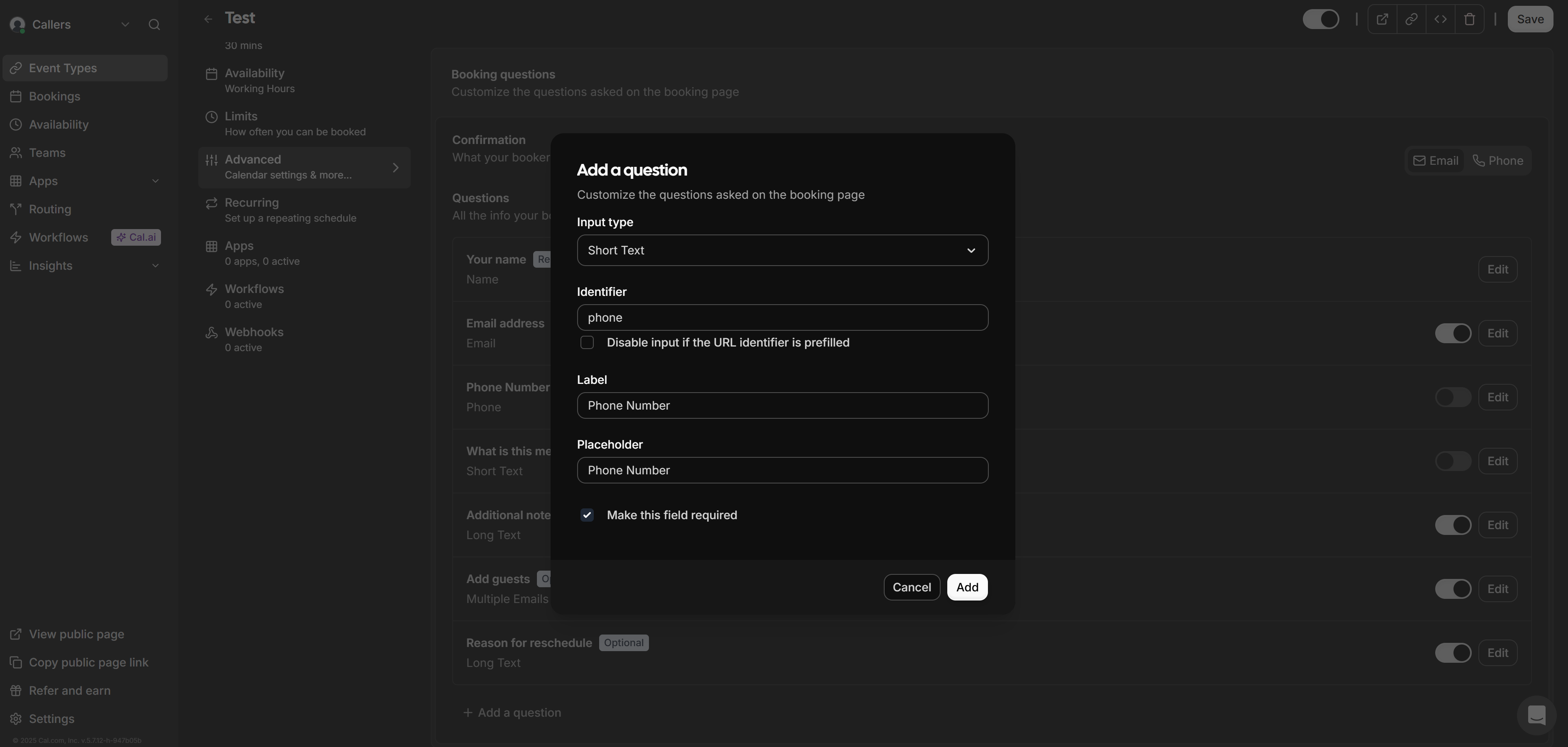 cal.com add a question