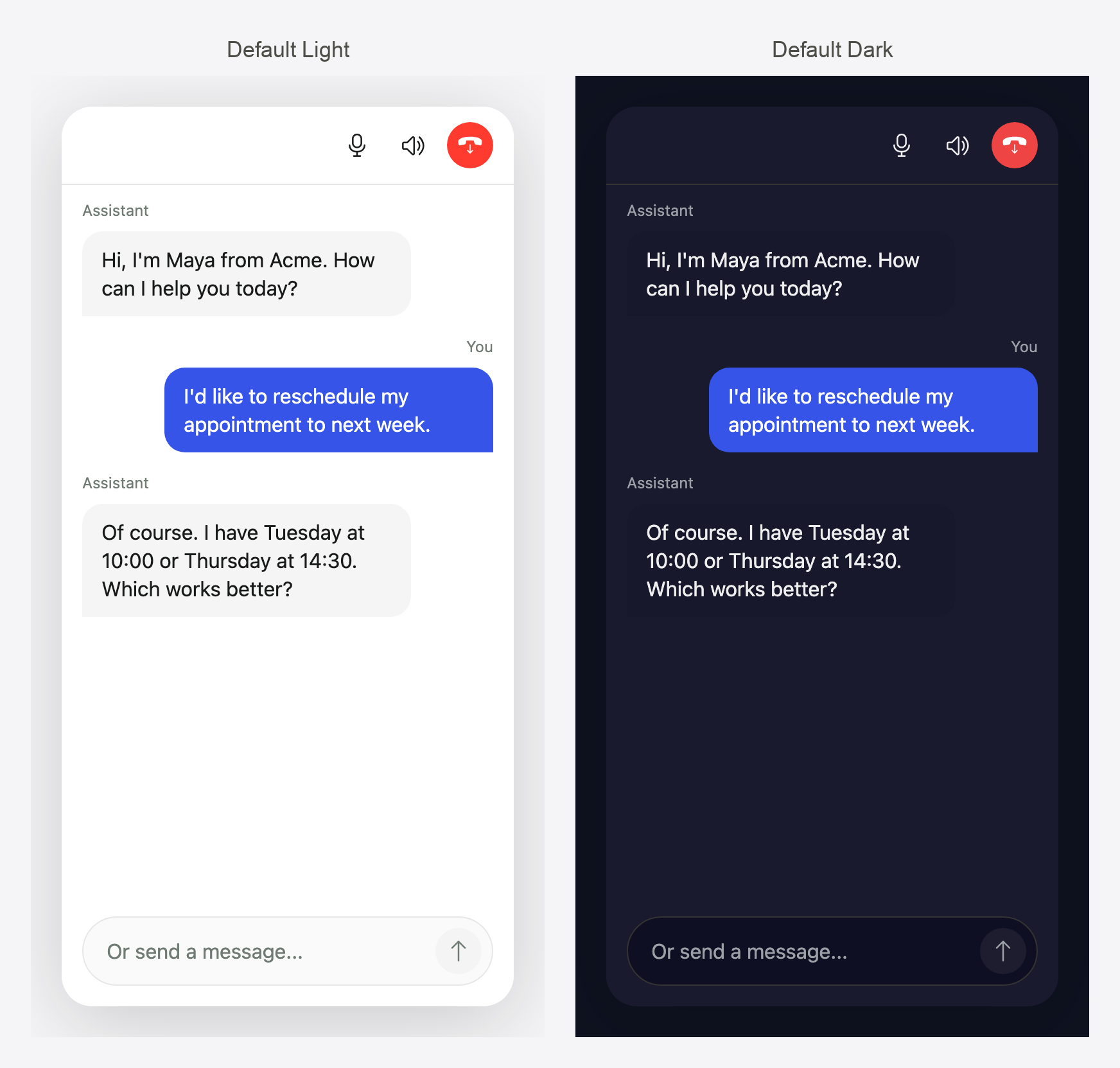 The Callers call widget showing a transcript with the agent's and the visitor's messages, in light and dark themes