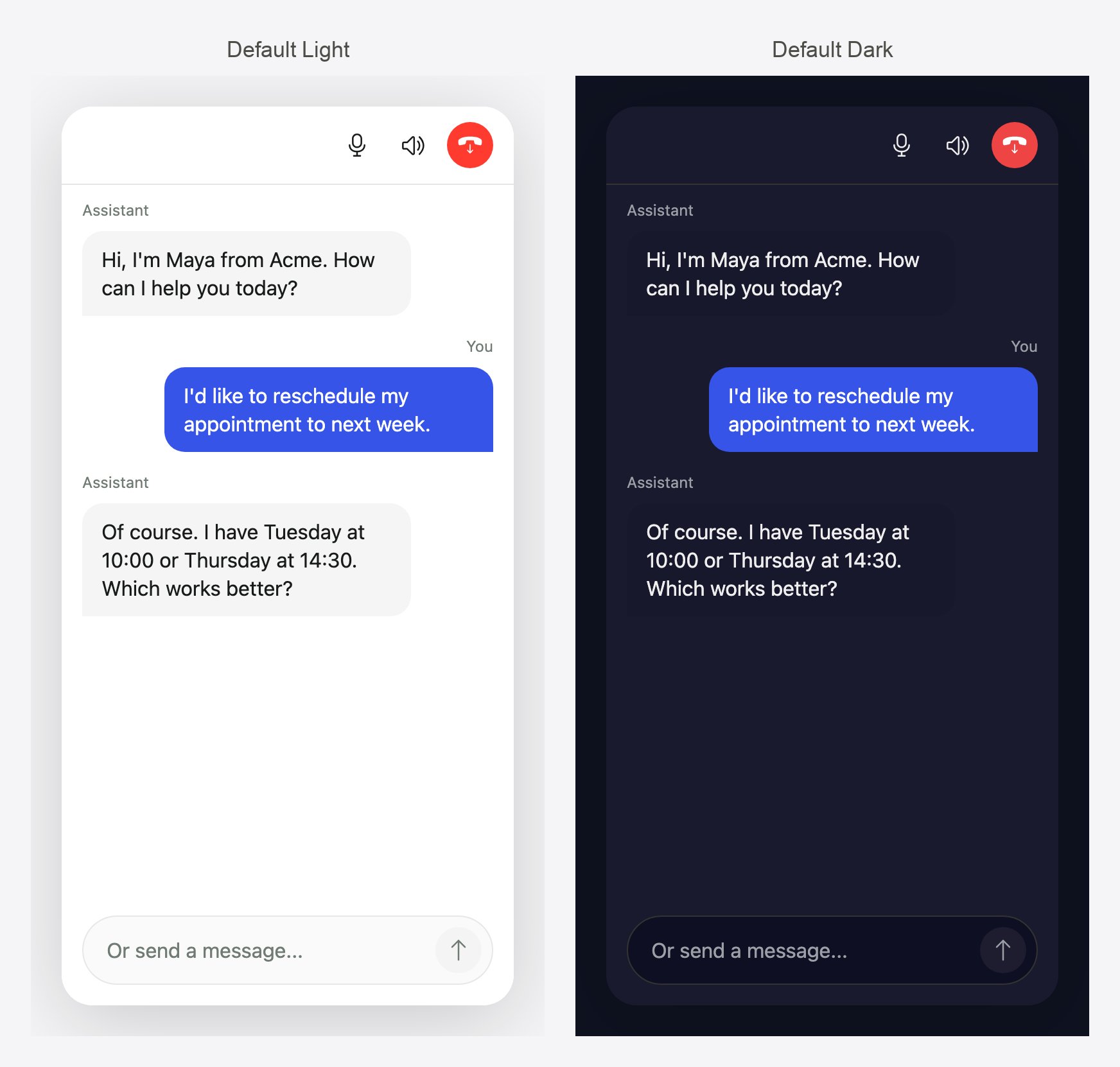 The Callers call widget showing a transcript with the agent's and the visitor's messages, in light and dark themes