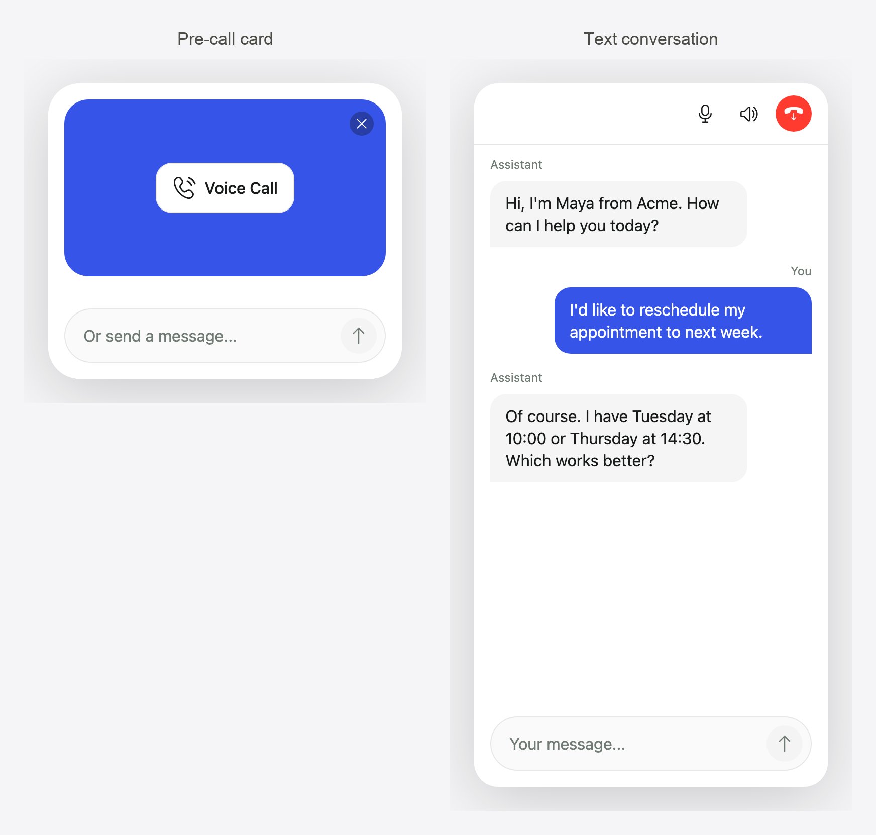 The widget's pre-call card next to a text conversation in the same widget