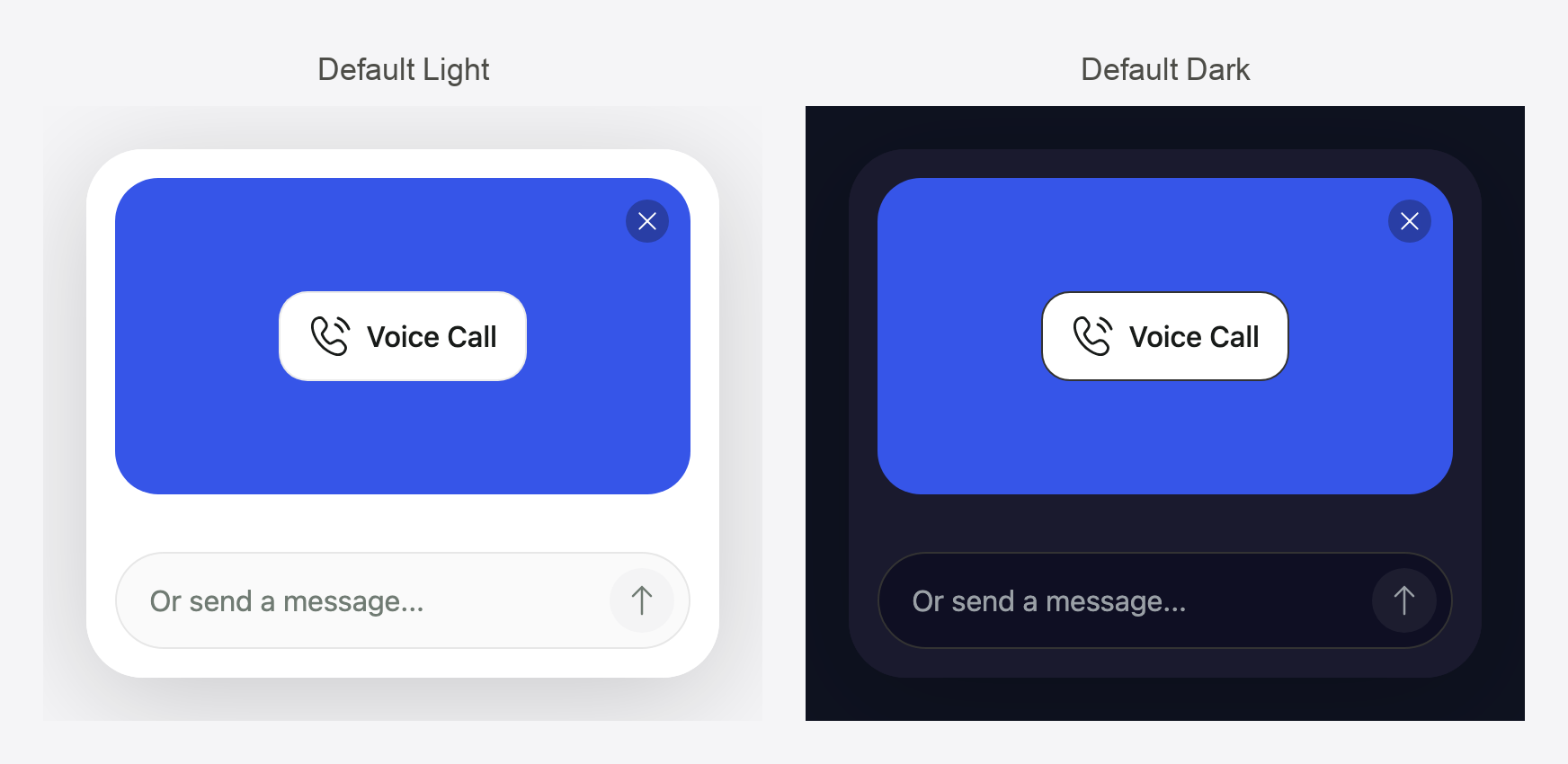The widget's pre-call card rendered with the Default Light and Default Dark themes