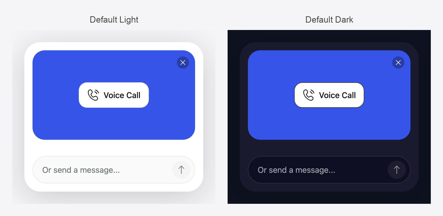 The widget's pre-call card rendered with the Default Light and Default Dark themes