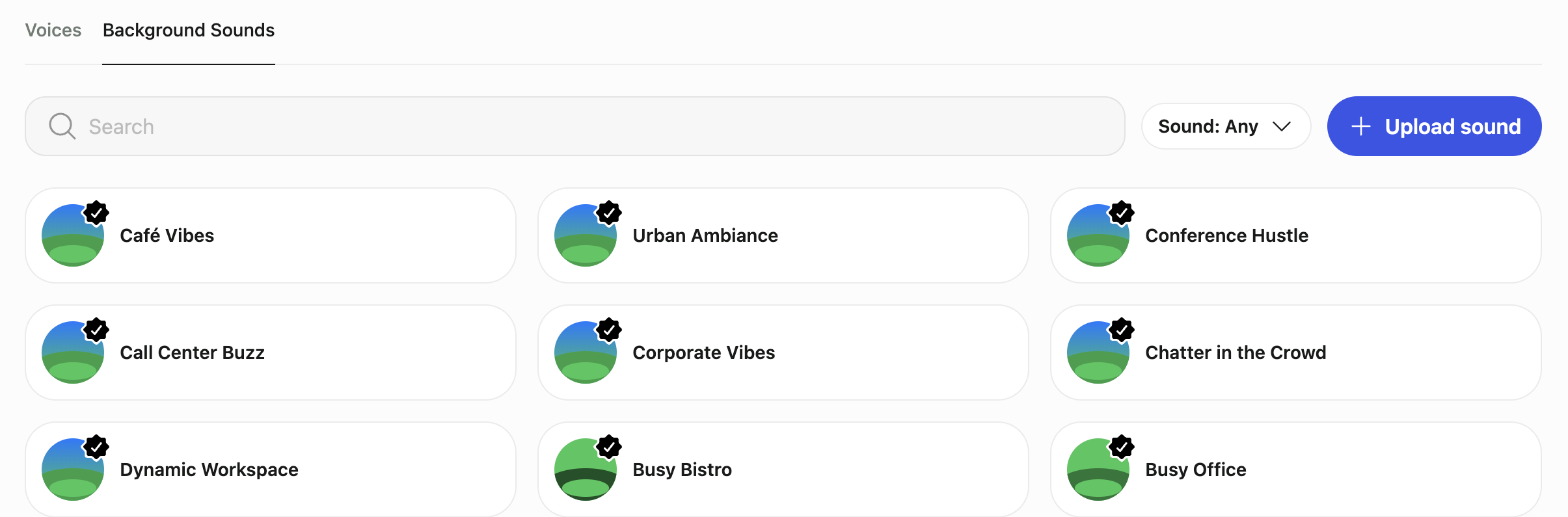 Background Sounds tab showing a search field, a Sound filter, an Upload sound button, and cards for built-in sounds such as Café Vibes, Call Center Buzz, and Busy Office