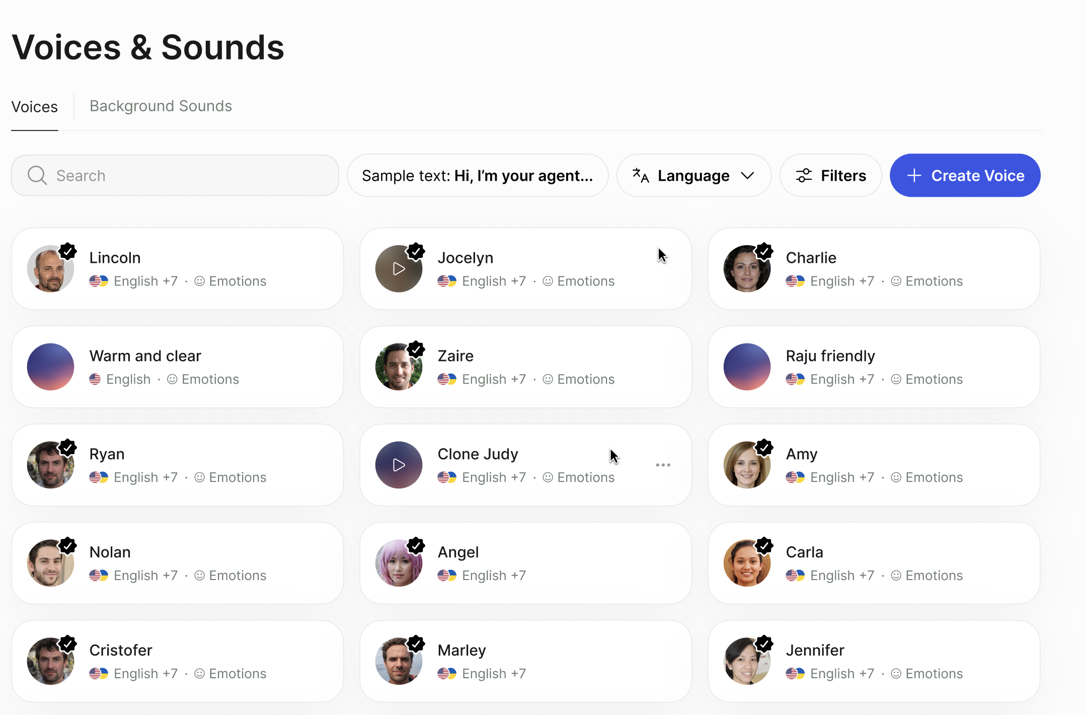 Voices and Sounds page on the Voices tab with a grid of voice cards showing each voice's name, languages, and Emotions support, plus Search, Sample text, Language, Filters, and Create Voice controls