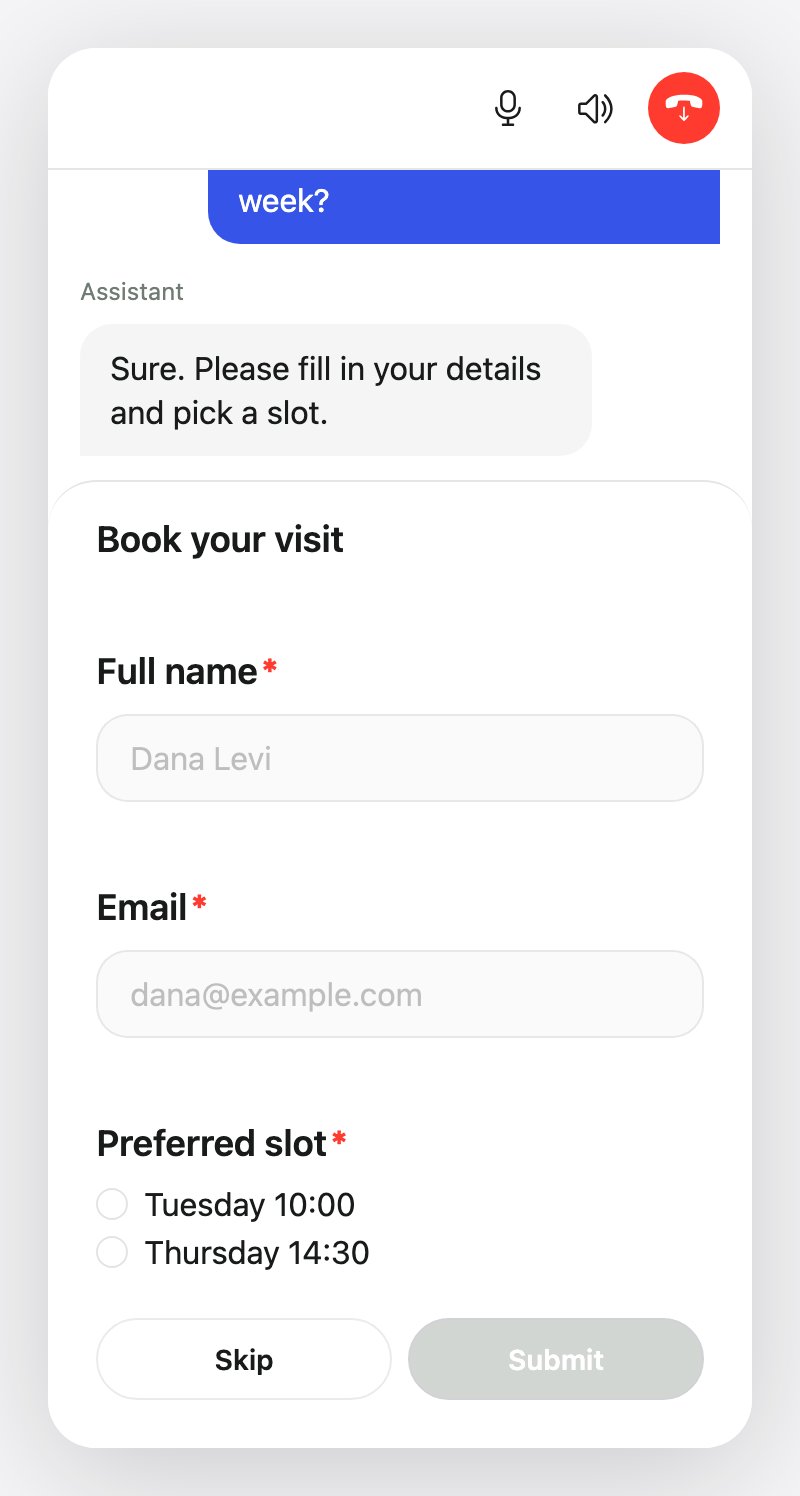 The Callers widget during a call showing a booking form with name, email and preferred slot fields