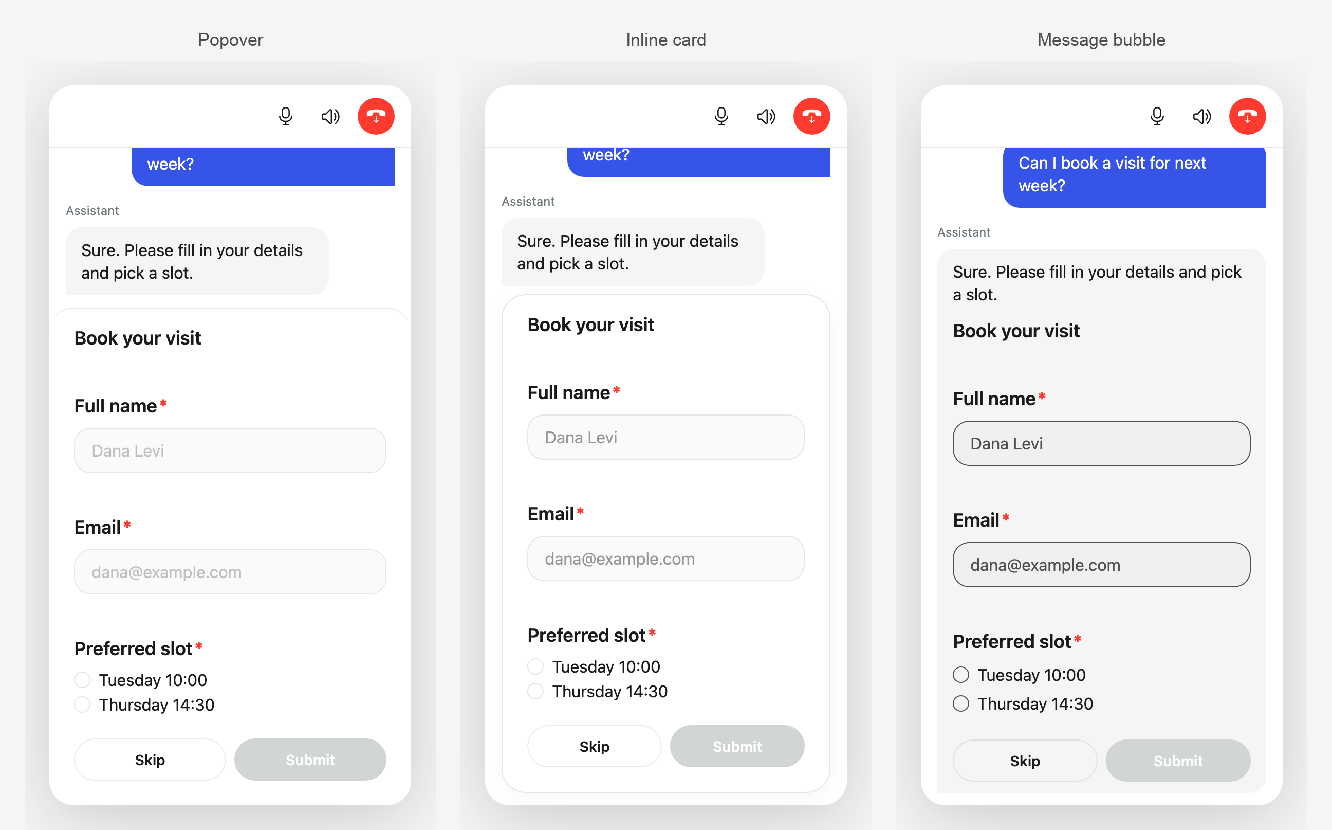 Three widget screenshots showing a form as a popover panel, as an inline card, and inside the agent's message bubble