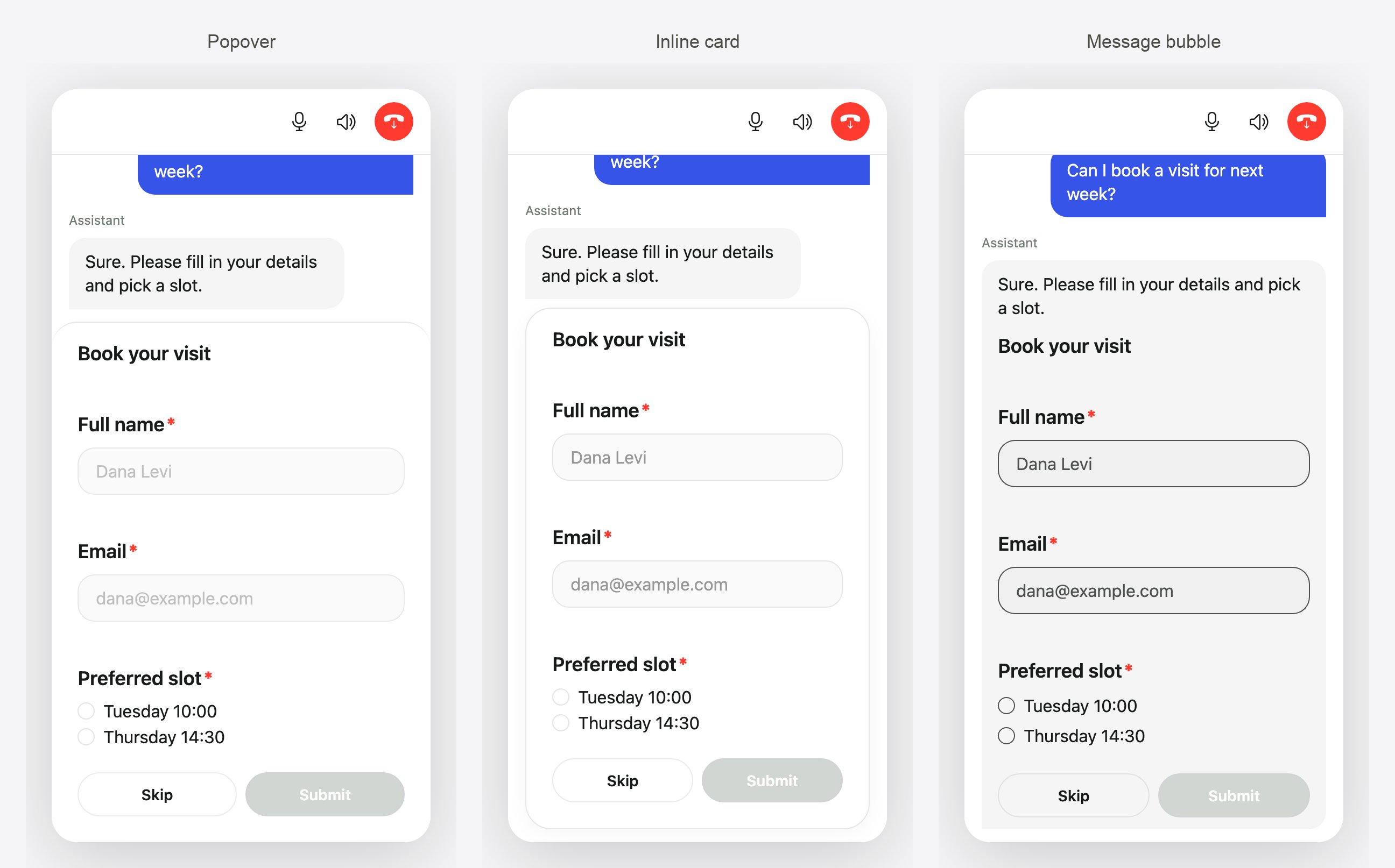 Three widget screenshots showing a form as a popover panel, as an inline card, and inside the agent's message bubble