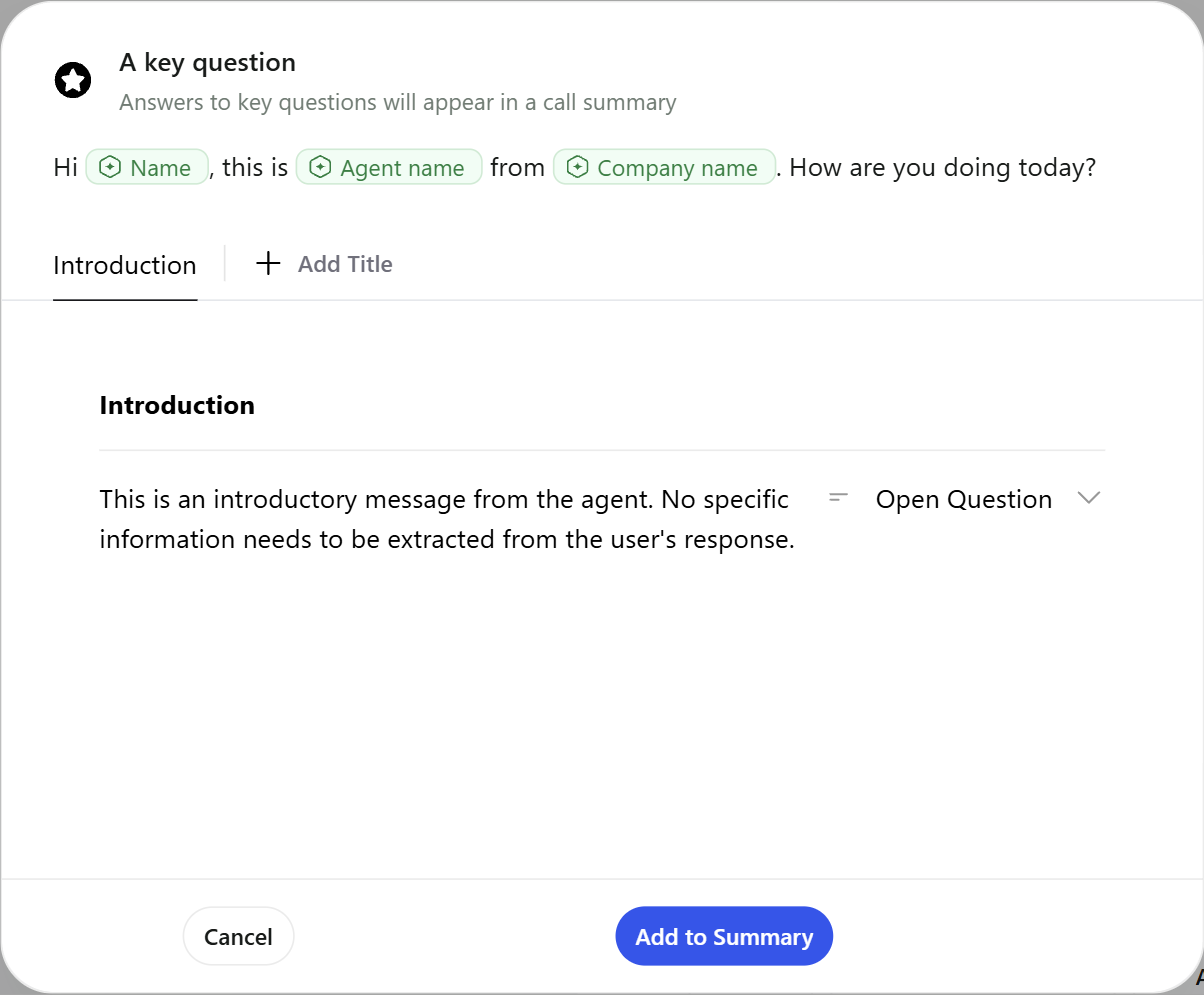 The A key question window with a generated title and description, the answer type, Add Title and Add to Summary