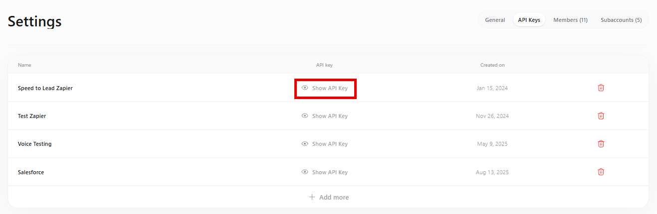 The list of API keys with Show API Key, the creation date and a delete icon for each key