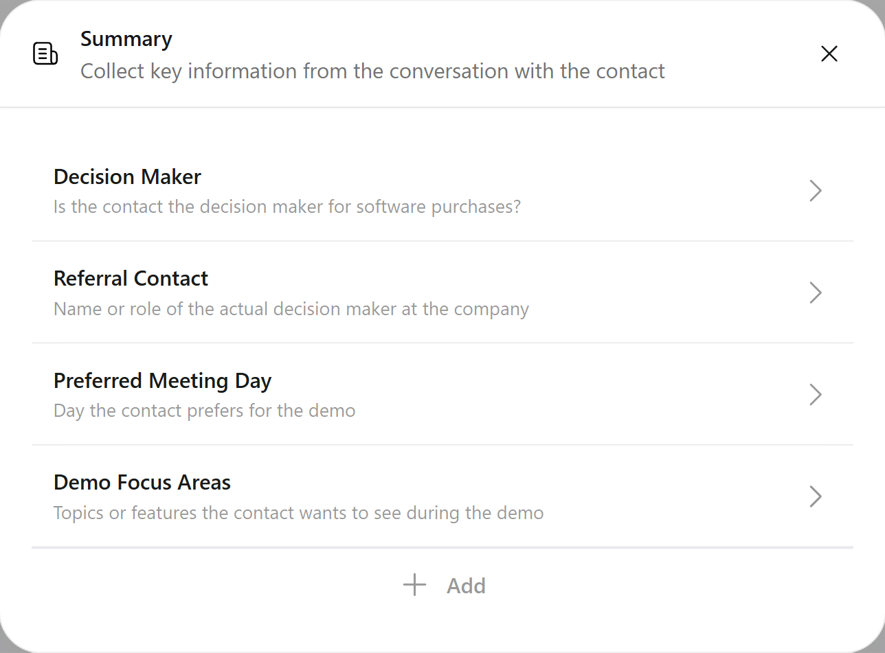 The Summary window with four key questions and the Add button