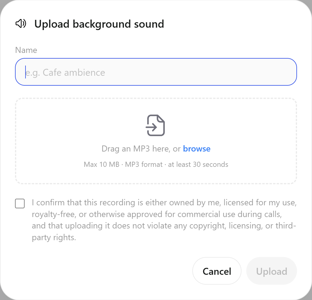 The Upload background sound dialog with the Name field, the MP3 upload area and the rights confirmation checkbox