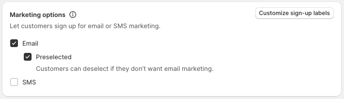 Marketing options set to Preselected