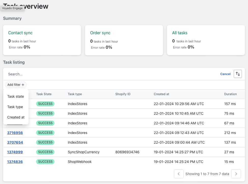 The task listing page