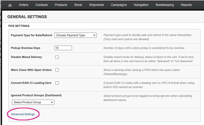 Screenshot of Sitoo general settings with advanced settings link highlighted