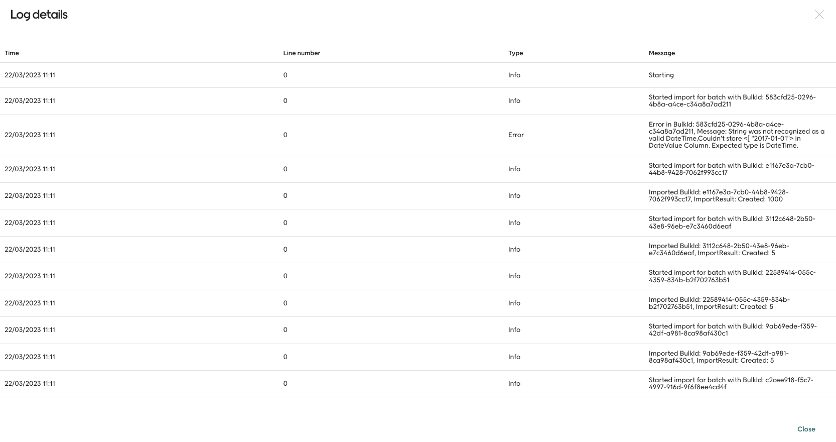 Batch process in the integration log