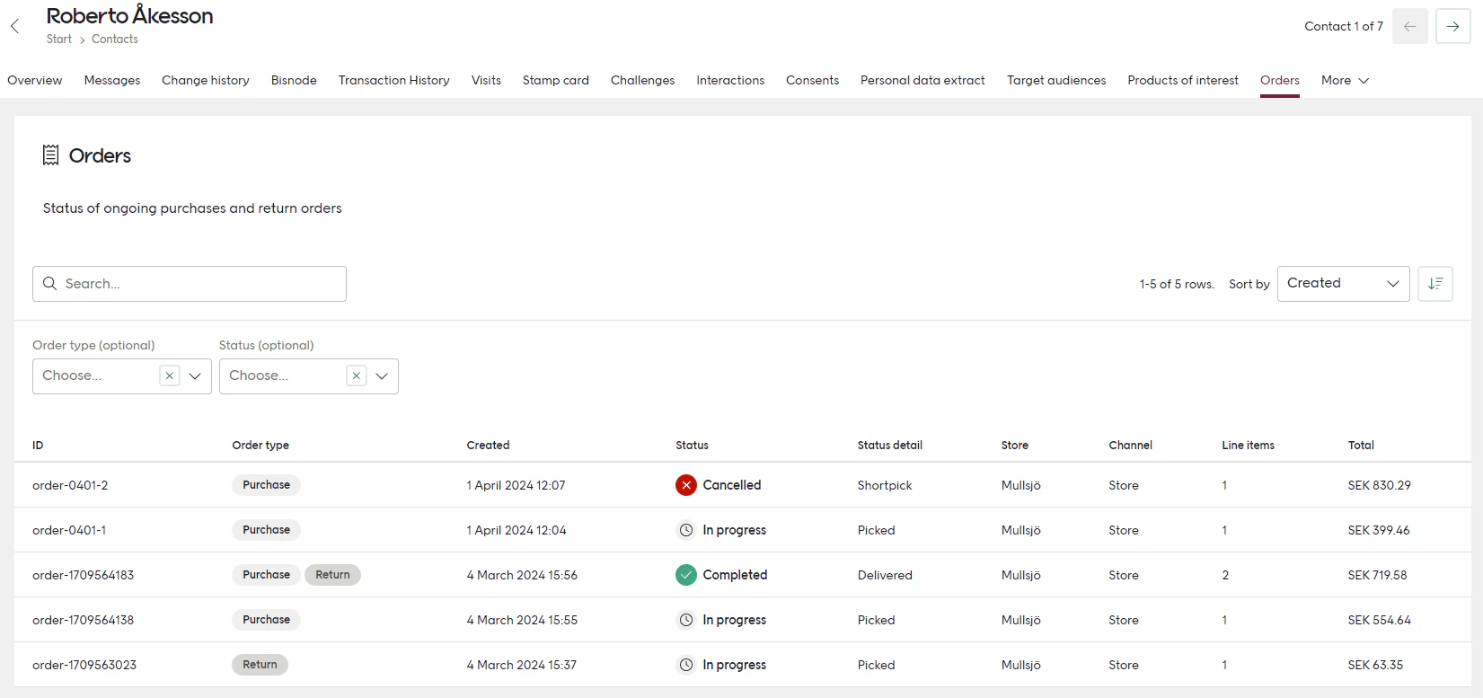 Orders on the contact card