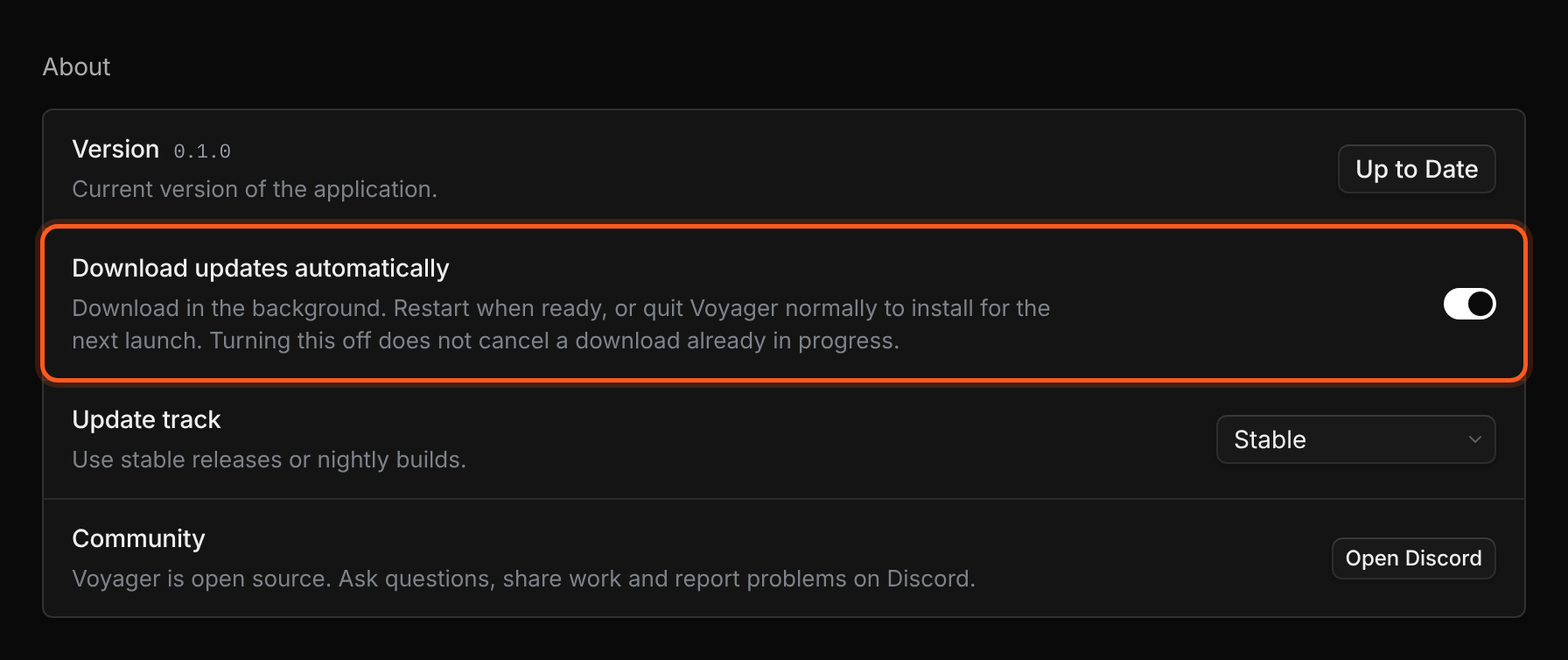 About section in General settings, showing version, Download updates automatically, and Update track.