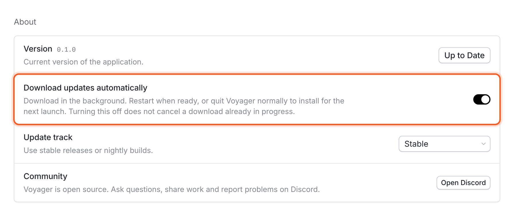 About section in General settings, showing version, Download updates automatically, and Update track.