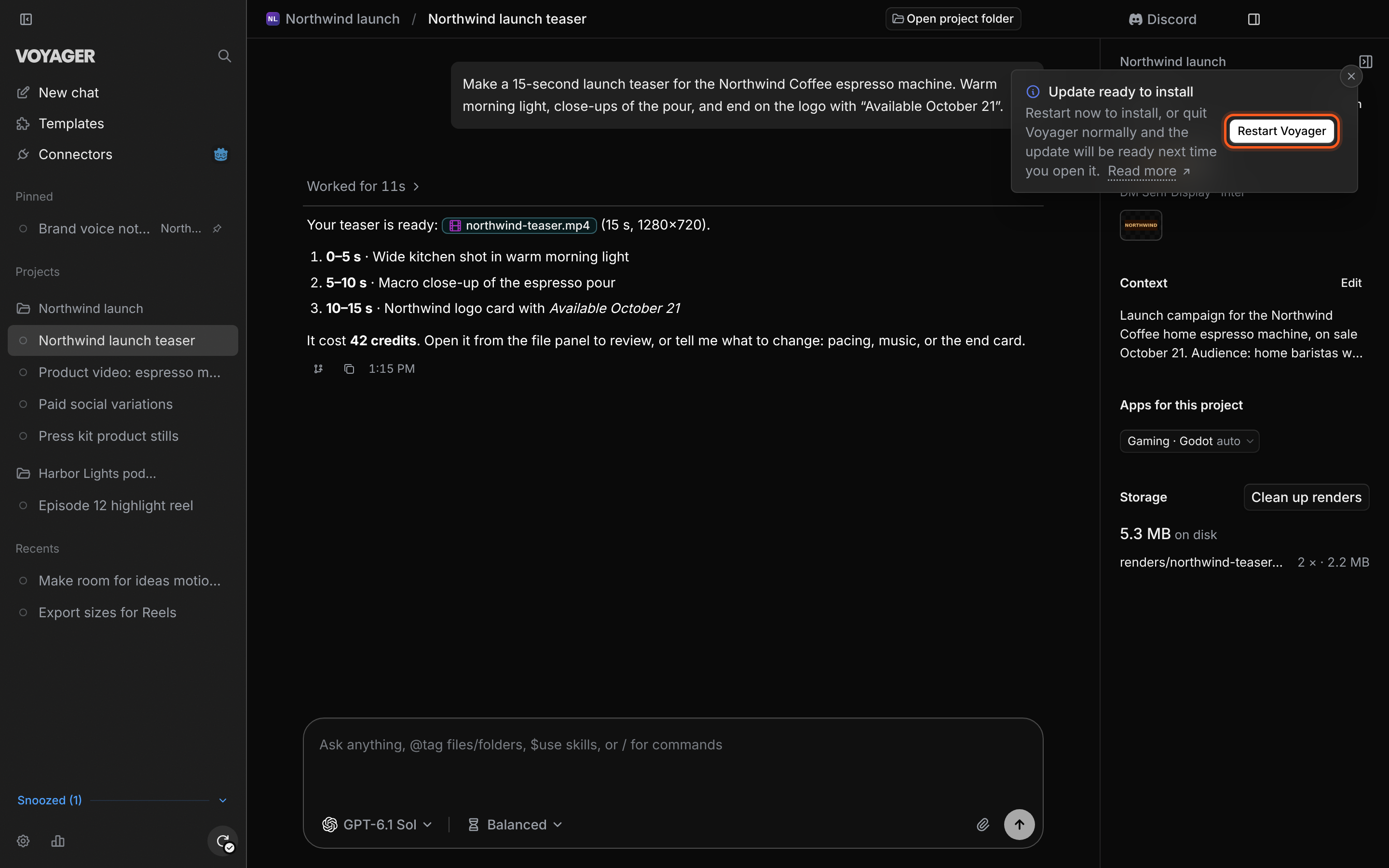 Update ready to install notification with a Restart Voyager button.