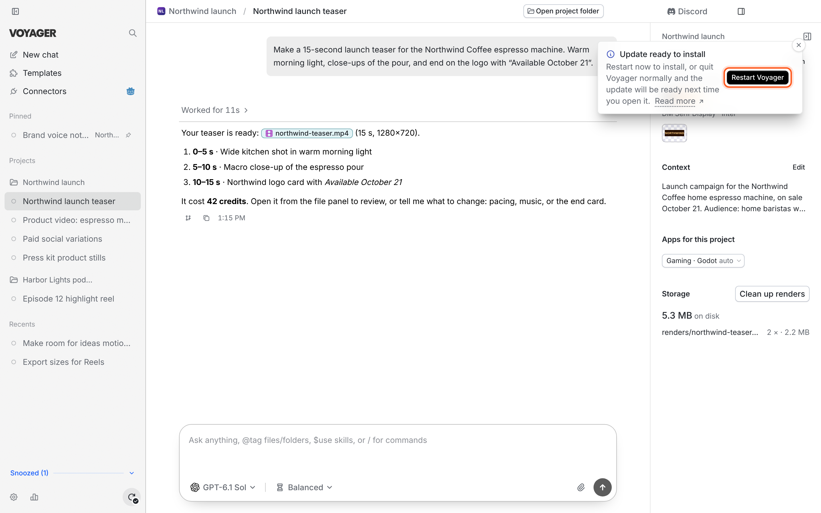 Update ready to install notification with a Restart Voyager button.