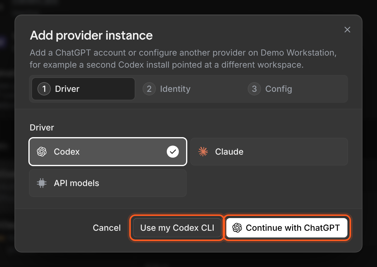 The Add provider instance dialog at its Driver step. Codex is selected; Claude and API models are the other drivers. At the bottom are Cancel, Use my Codex CLI and Continue with ChatGPT buttons.