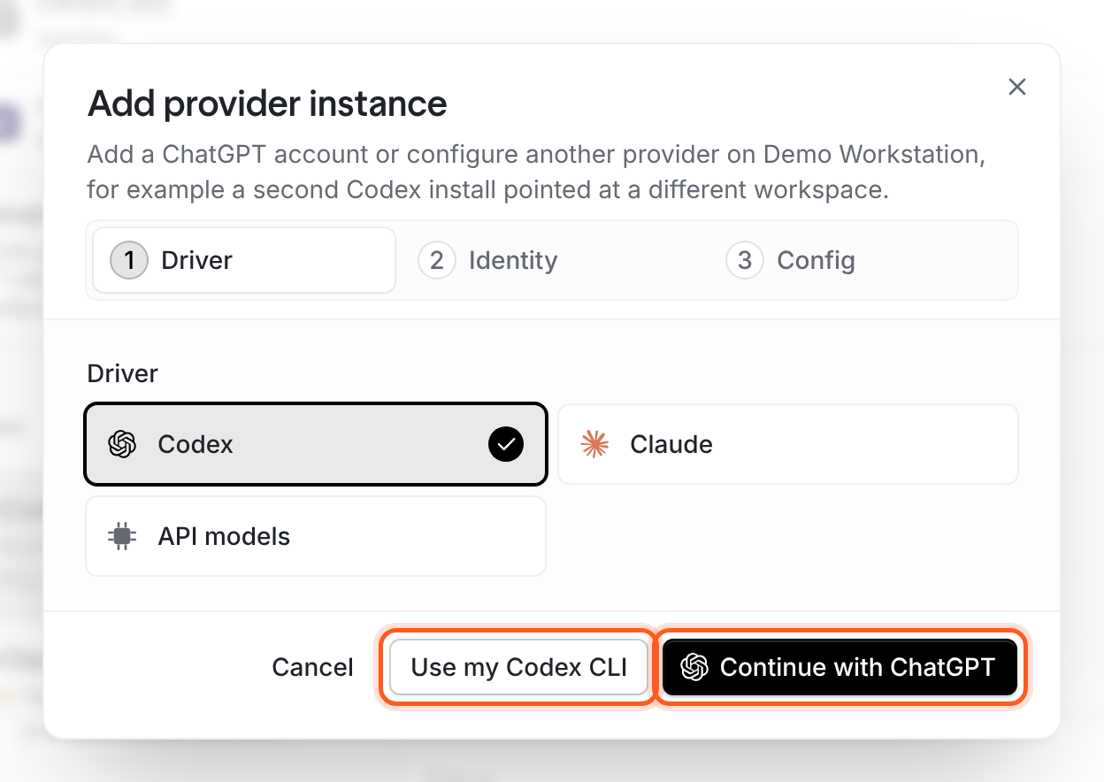 The Add provider instance dialog at its Driver step. Codex is selected; Claude and API models are the other drivers. At the bottom are Cancel, Use my Codex CLI and Continue with ChatGPT buttons.