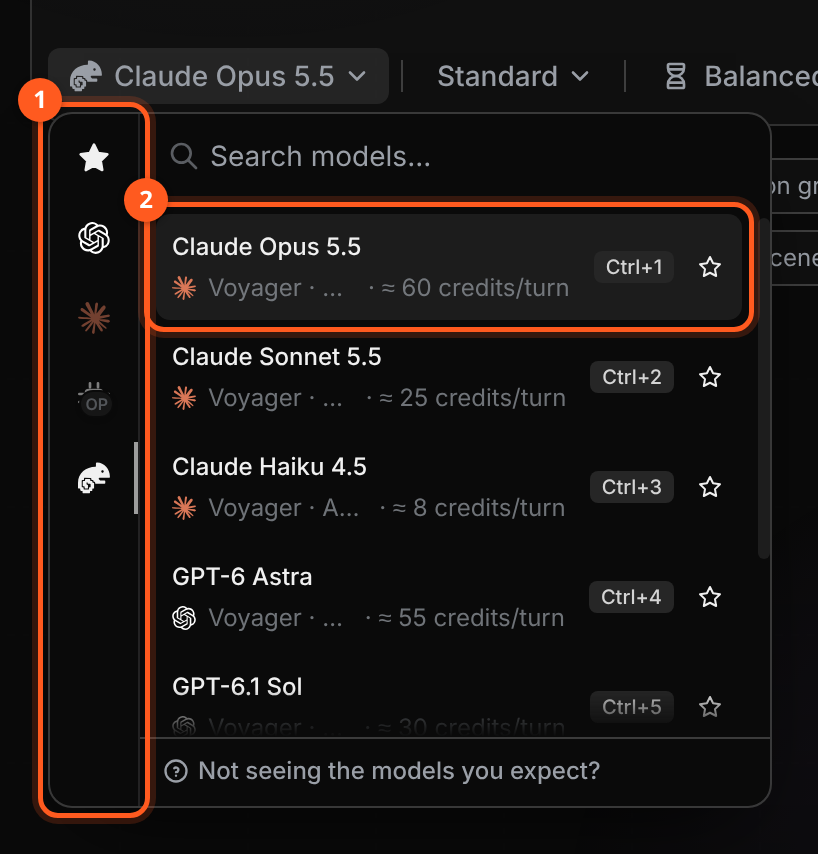 The open model picker. A column of account icons runs down the left (favourites, ChatGPT, Claude and others); beside it, a Search models box and a list of models such as Claude Opus 5.5, Claude Sonnet 5.5 and GPT-6 Astra, each with its account, an estimated credits per turn and a shortcut. A Not seeing the models you expect? link sits at the bottom.