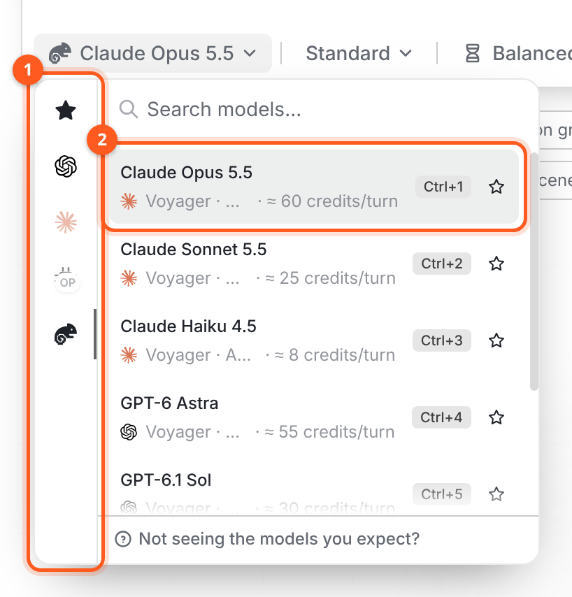 The open model picker. A column of account icons runs down the left (favourites, ChatGPT, Claude and others); beside it, a Search models box and a list of models such as Claude Opus 5.5, Claude Sonnet 5.5 and GPT-6 Astra, each with its account, an estimated credits per turn and a shortcut. A Not seeing the models you expect? link sits at the bottom.