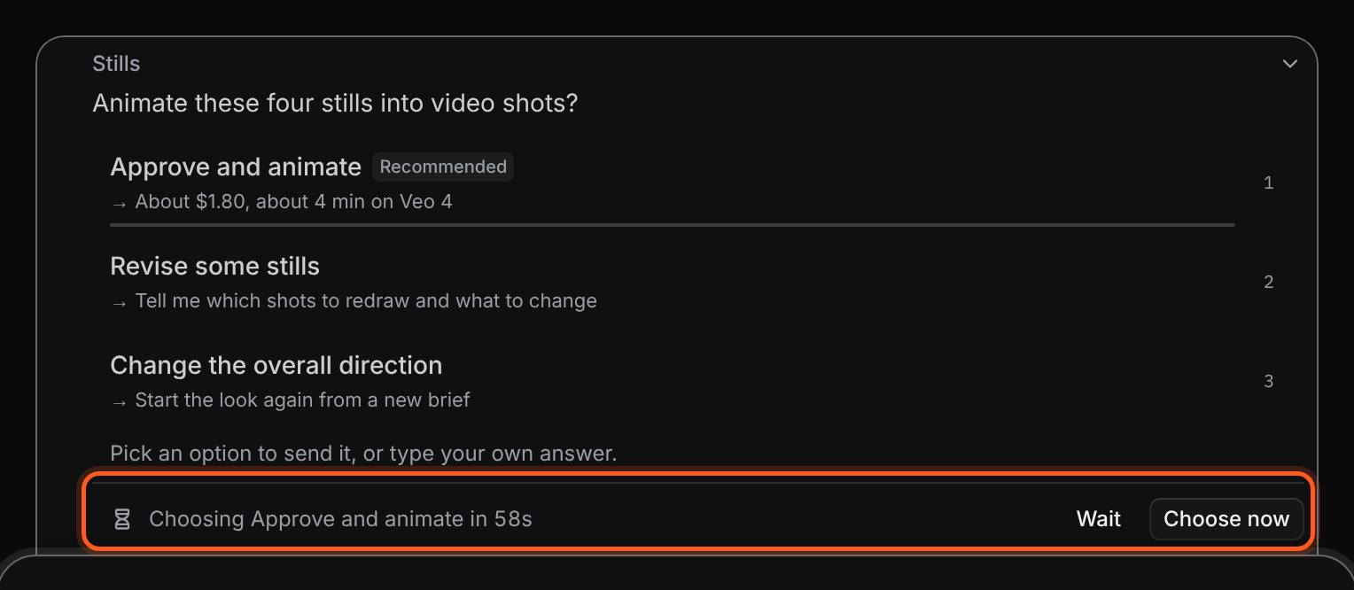 A question counting down to a recommended answer, with Wait and Choose now buttons.