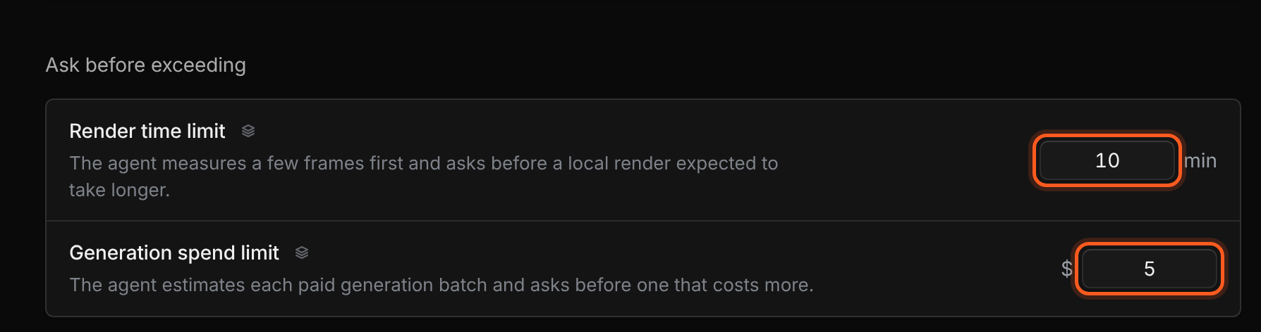 Creative preferences showing Render time limit and Generation spend limit under Ask before exceeding.