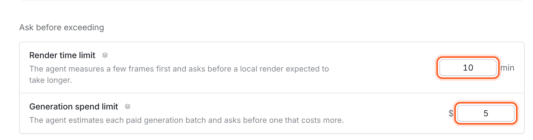 Creative preferences showing Render time limit and Generation spend limit under Ask before exceeding.