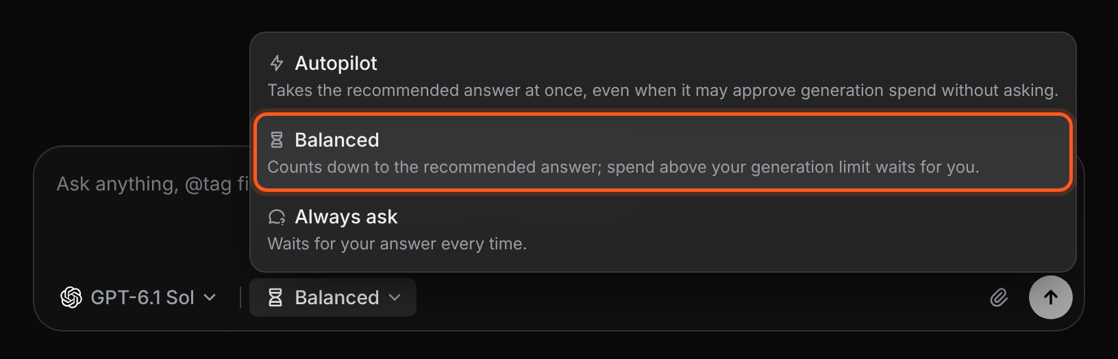 The Question answers menu showing Autopilot, Balanced and Always ask with their descriptions.