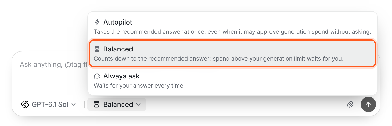 The Question answers menu showing Autopilot, Balanced and Always ask with their descriptions.