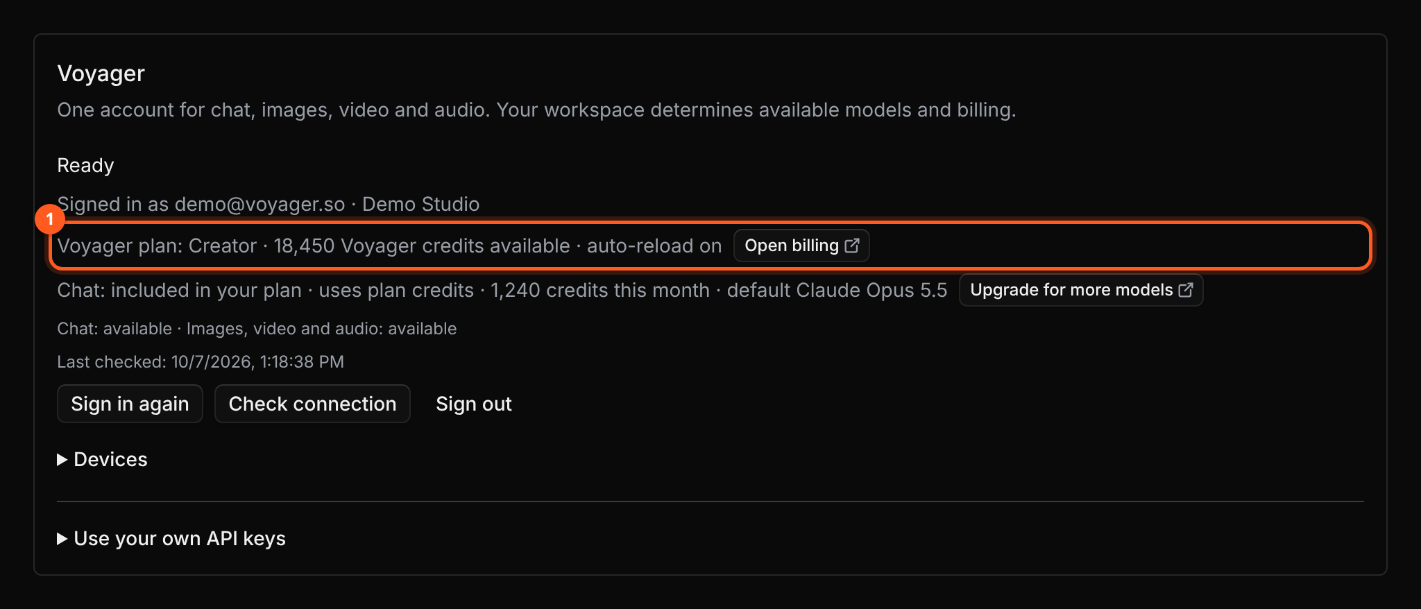 The Voyager card in Settings → Accounts, signed in to a workspace. The highlighted plan line reads Voyager plan: Creator, the available Voyager credits and auto-reload on, followed by an Open billing button. Below it, a chat line shows chat is included in the plan, with an Upgrade for more models button.