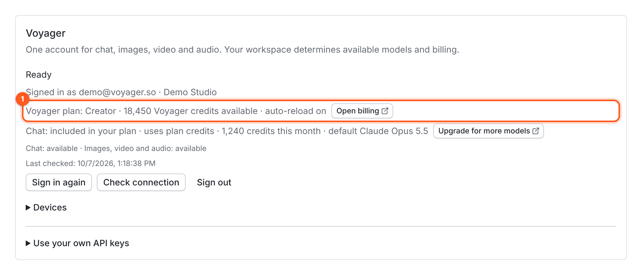 The Voyager card in Settings → Accounts, signed in to a workspace. The highlighted plan line reads Voyager plan: Creator, the available Voyager credits and auto-reload on, followed by an Open billing button. Below it, a chat line shows chat is included in the plan, with an Upgrade for more models button.