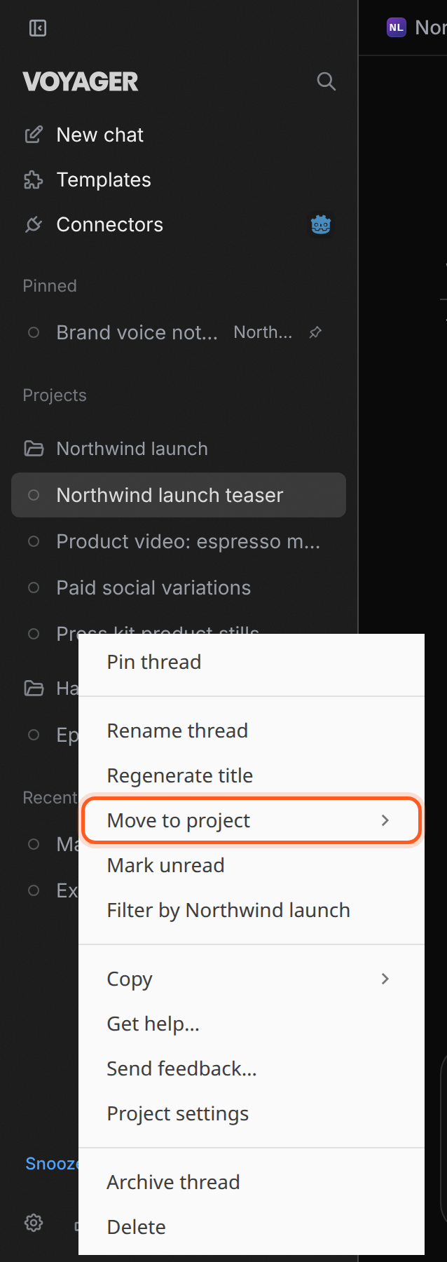 A chat's right-click menu with Move to project and other organization actions.