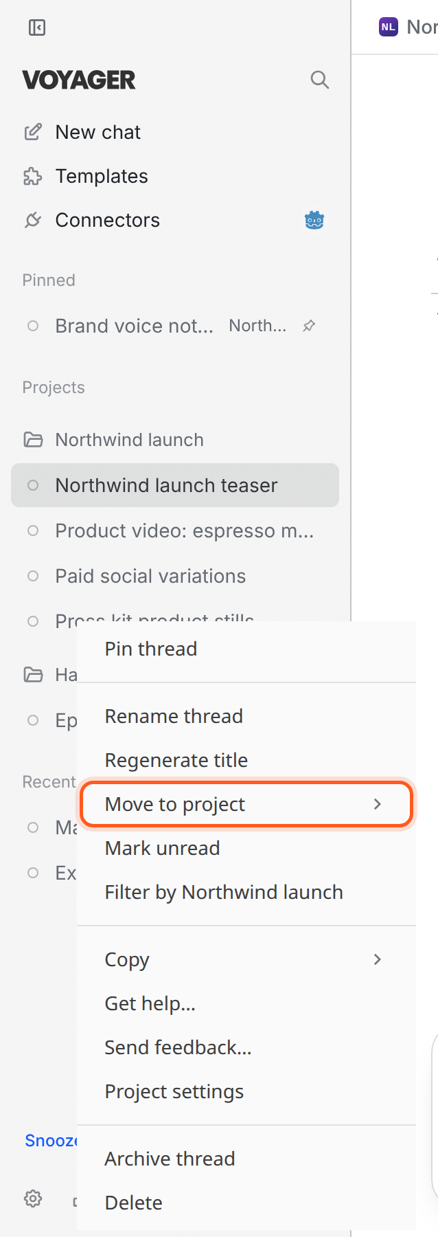 A chat's right-click menu with Move to project and other organization actions.