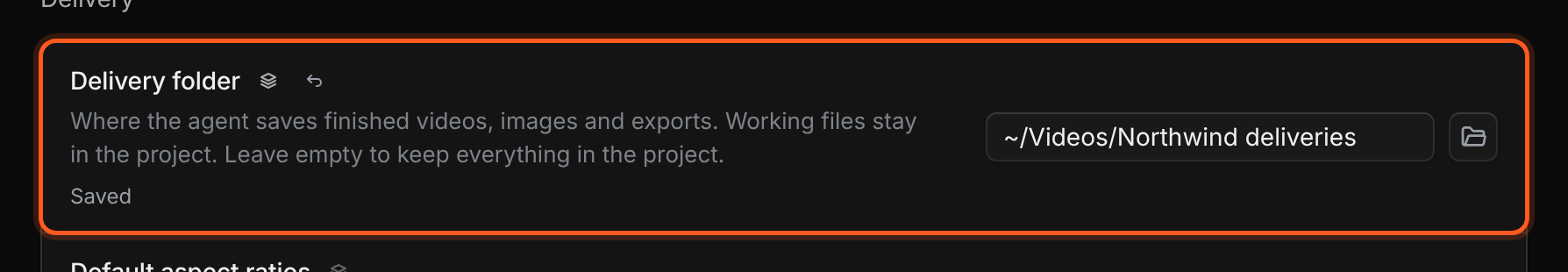 The Delivery folder setting in Creative preferences, with ~/Videos/Northwind deliveries entered, a folder button beside the field, and Saved below the description.