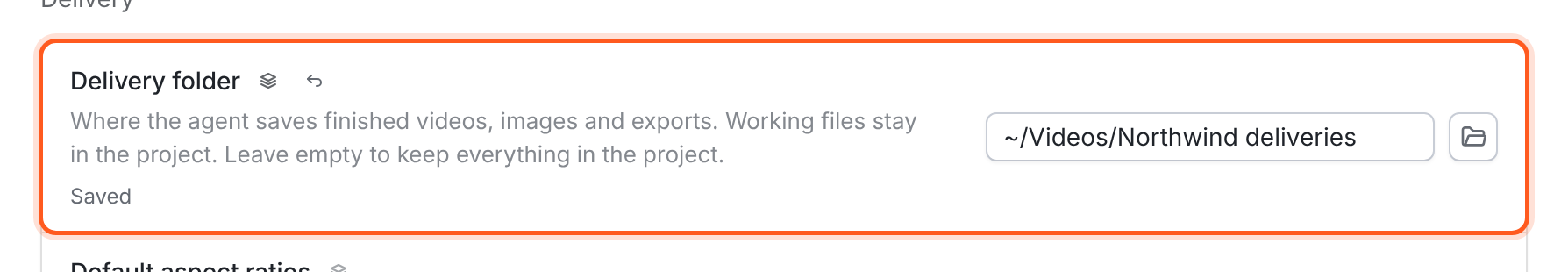 The Delivery folder setting in Creative preferences, with ~/Videos/Northwind deliveries entered, a folder button beside the field, and Saved below the description.