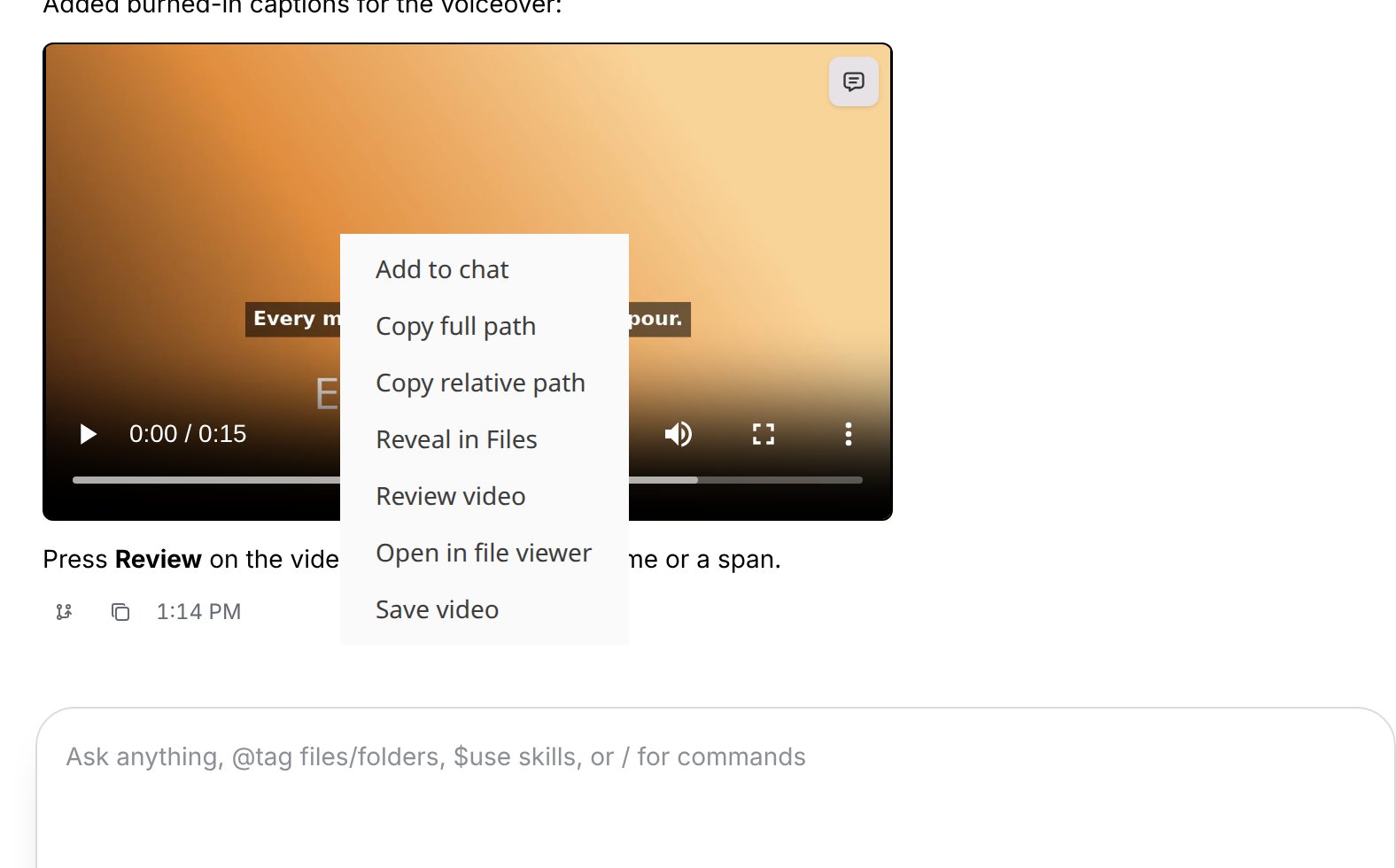 A video in a chat with its right-click menu open: Add to chat, Copy full path, Copy relative path, Reveal in Files, Review video, Open in file viewer and Save video. This capture is from Linux; on macOS the reveal item reads Reveal in Finder, and on Windows Reveal in File Explorer.