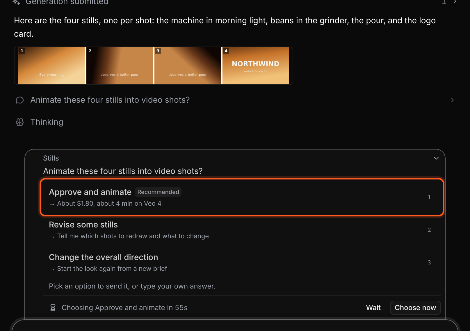 A generated-video question with stills for each shot and options to approve animation, revise stills or change direction.