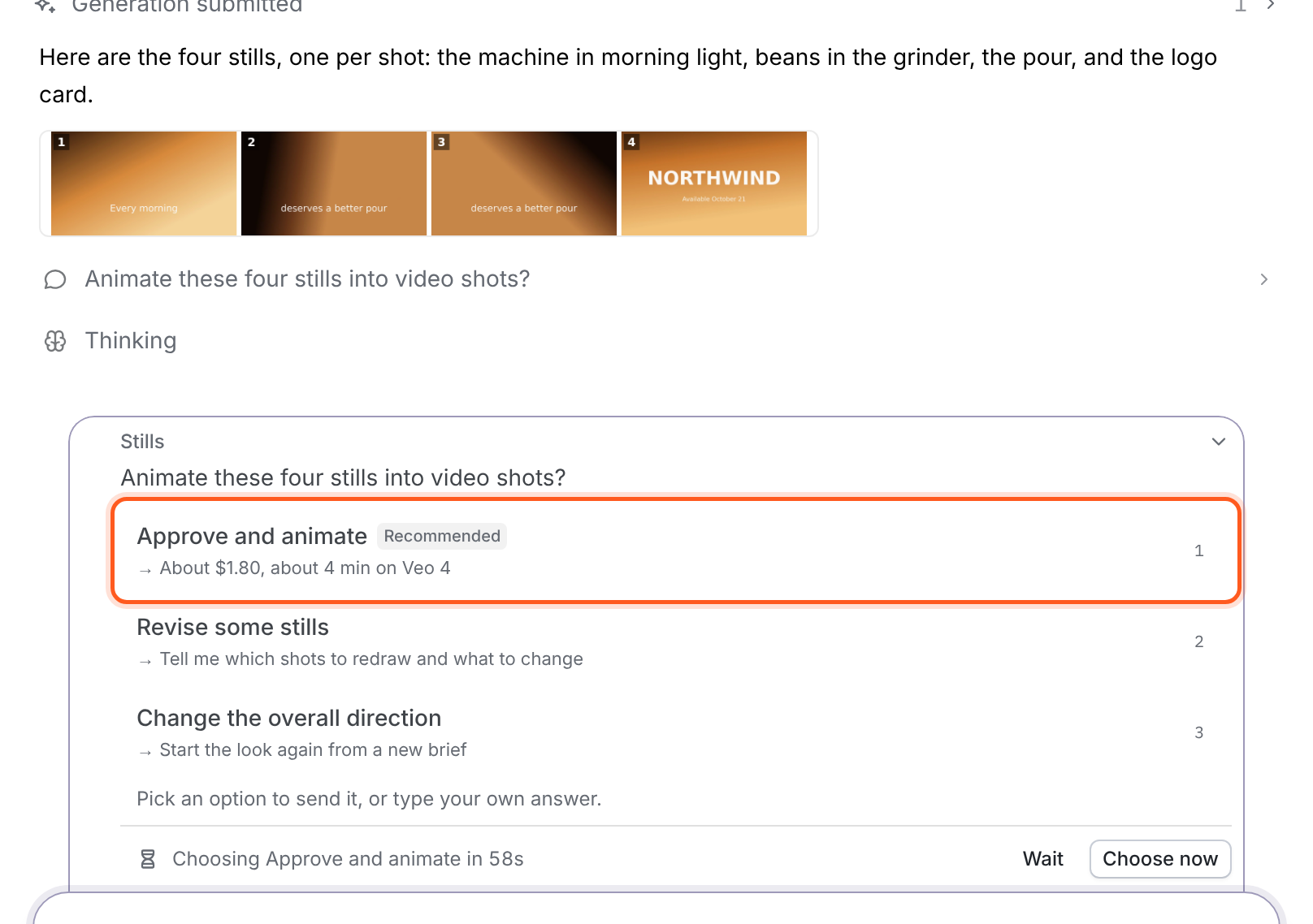 A generated-video question with stills for each shot and options to approve animation, revise stills or change direction.