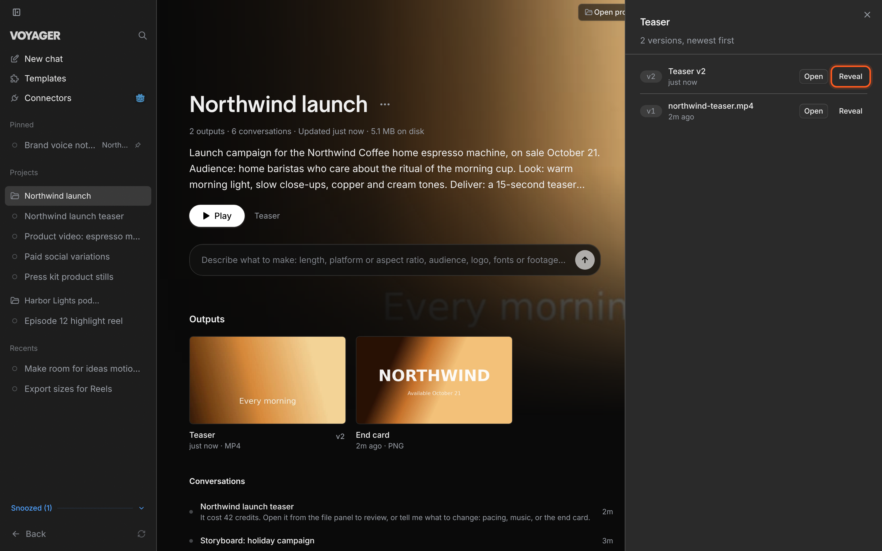 A project page with the Teaser output's versions panel open, newest first. Each version, v2 and v1, has Open and Reveal buttons.