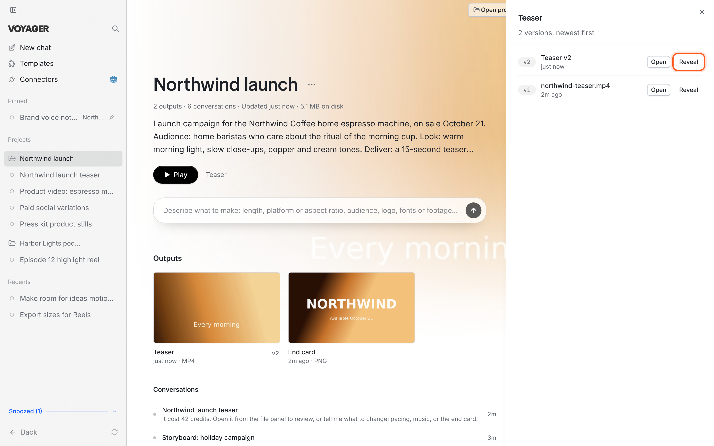A project page with the Teaser output's versions panel open, newest first. Each version, v2 and v1, has Open and Reveal buttons.