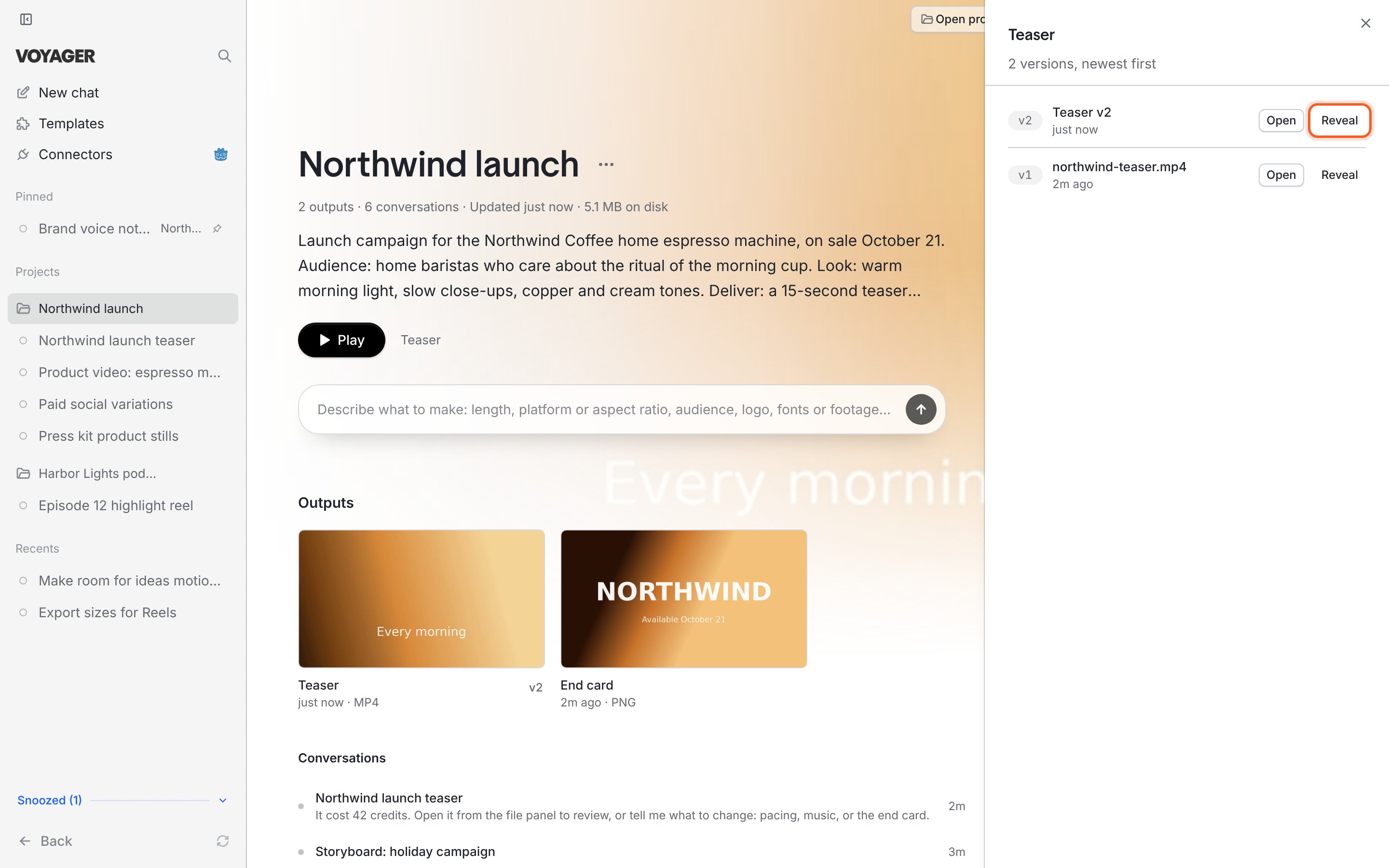 A project page with the Teaser output's versions panel open, newest first. Each version, v2 and v1, has Open and Reveal buttons.